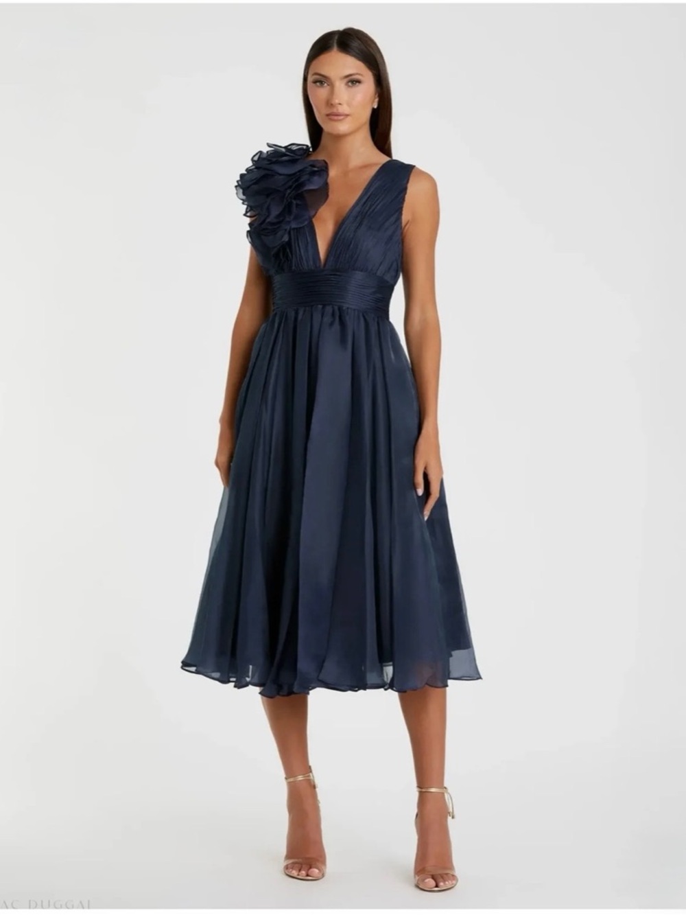 Mac Duggal Midnight Navy Chiffon Ruffle Tea Length Dress
